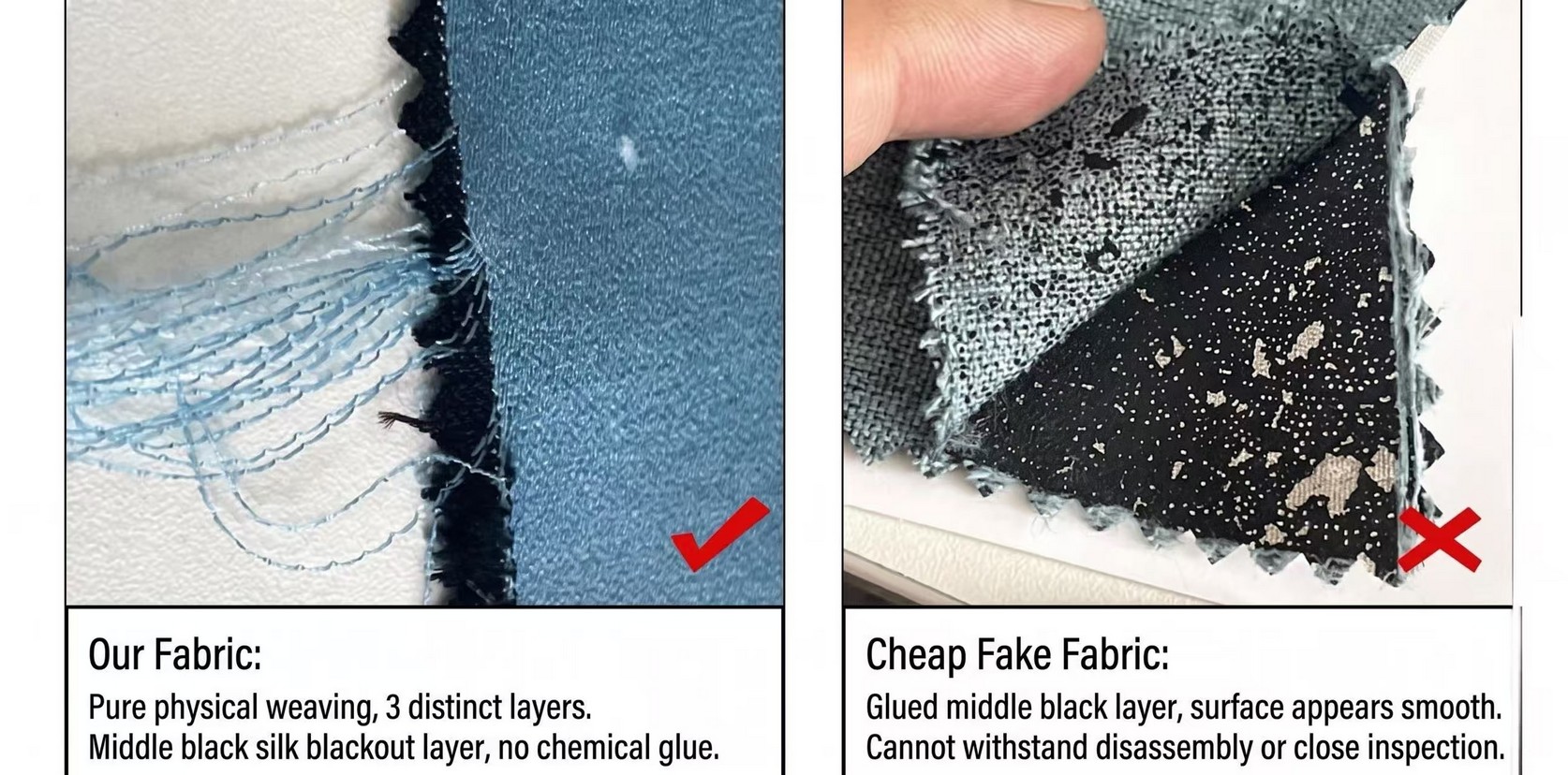 Comparison: our pure physical 3-layer blackout fabric vs. a cheap glued fake fabric.