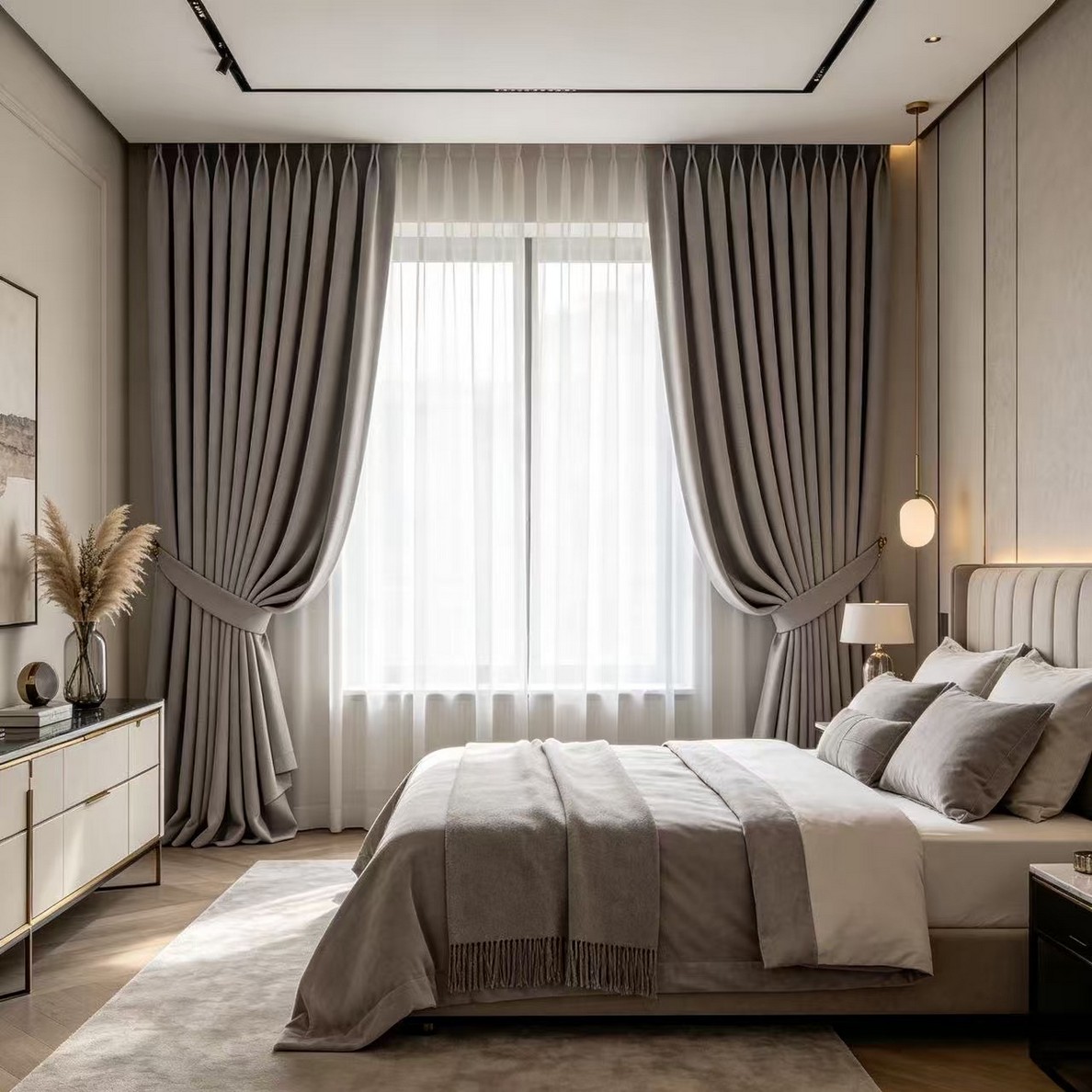 A modern bedroom with floor-to-ceiling grey curtains and sheer white curtains, a bed with neutral bedding, and a dresser.