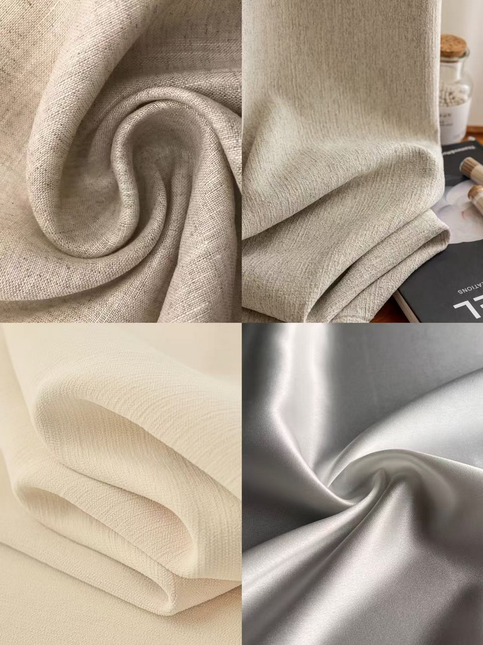 Four different fabric textures: coarse beige linen, soft cream, smooth off-white, and a shiny grey satin-like fabric.