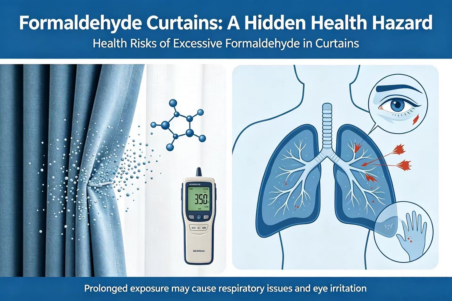 Illustration showing formaldehyde particles emitting from curtains and irritating lungs, eyes and skin.