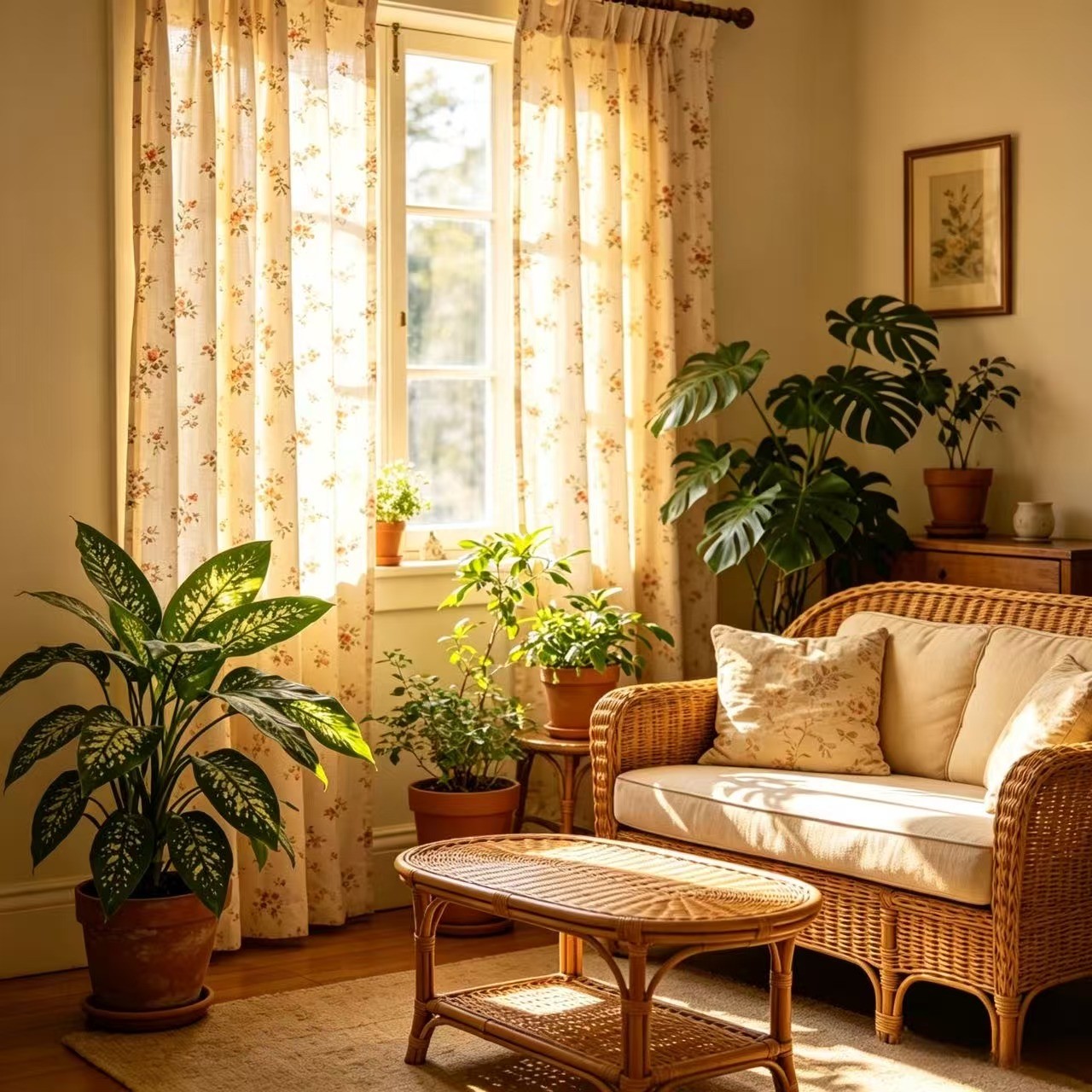 A sunlit living room featuring a wicker sofa, several potted plants, and floral curtains hanging over a window.