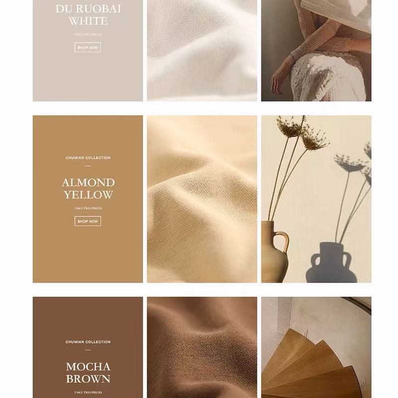 Earth tone curtain color palette: white, almond yellow and mocha brown.