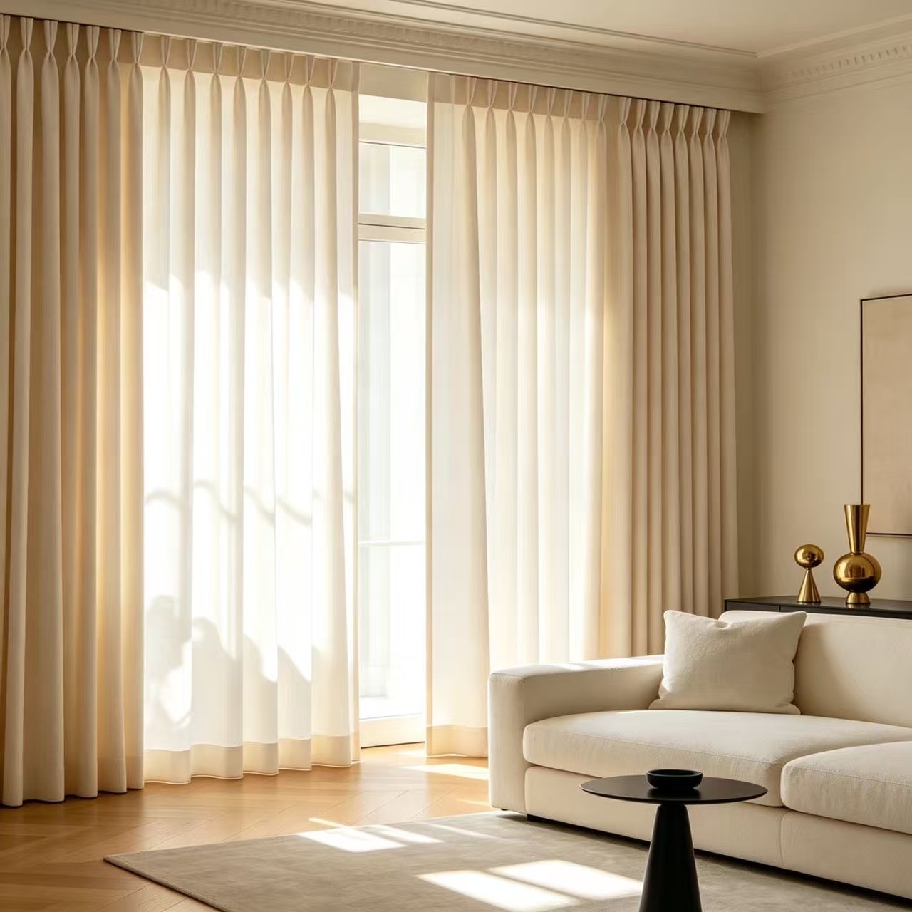 A bright, modern living room featuring floor-to-ceiling cream-colored curtains.