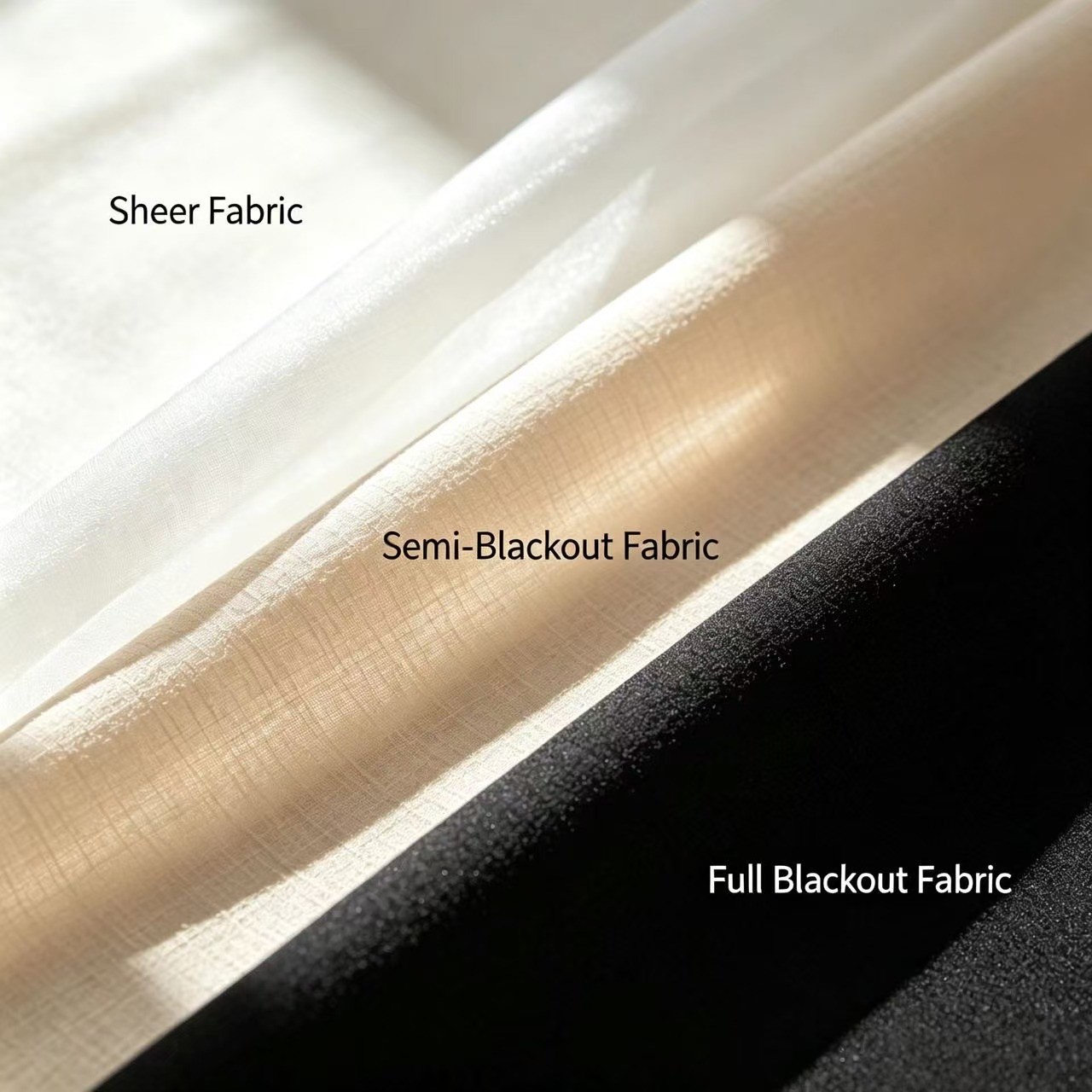 Three types of curtain fabrics: Sheer, Semi-Blackout, and Full Blackout.