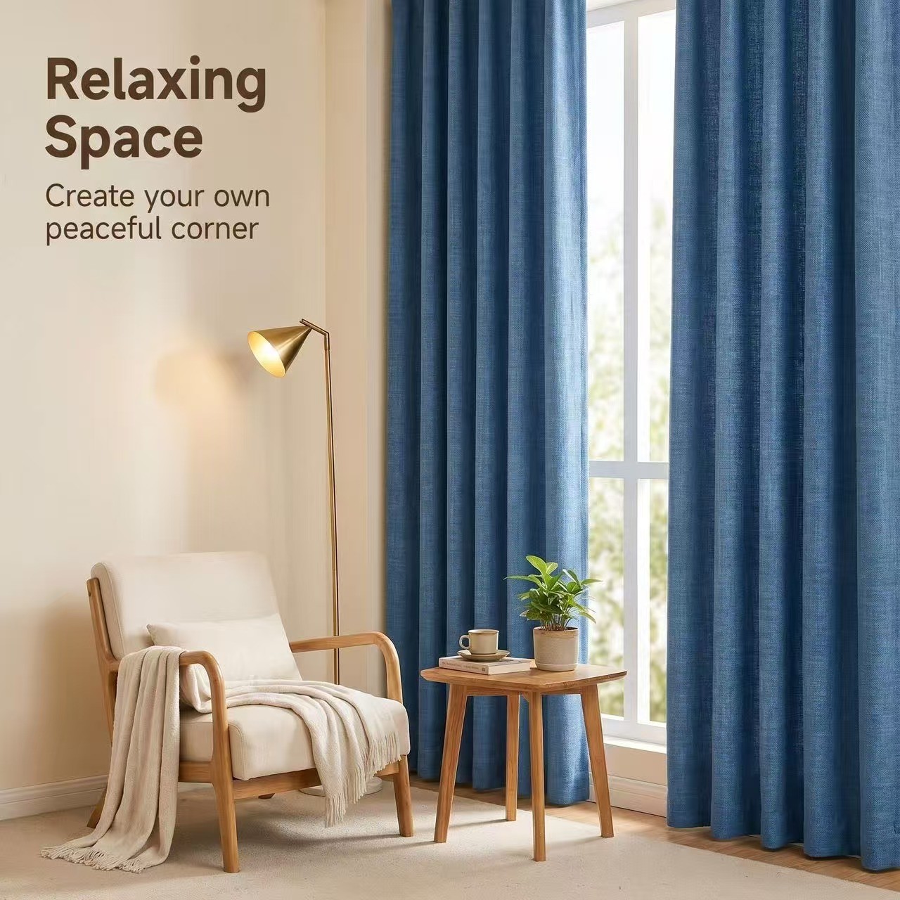 A cozy corner with a beige armchair, plant, floor lamp and blue curtains hanging by a window.
