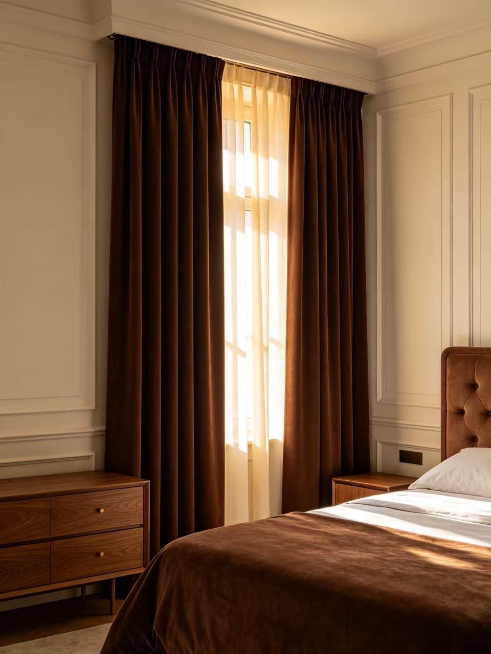 A bedroom featuring dark brown curtains with uniform pleats, a wooden dresser, and a bed with a brown headboard.