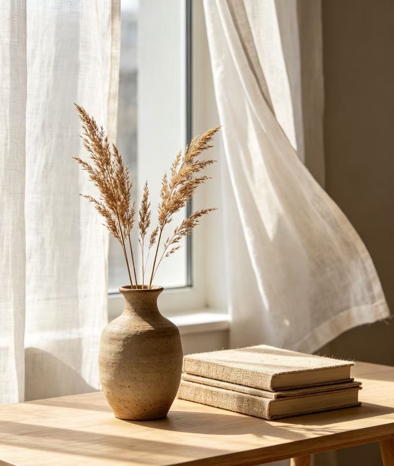 A vase with dried grass and a stack of books on a wooden table in front of a window with white curtains.